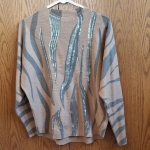 Sioni Sequin Stripe Pullover Sweater in Taupe and Gray Size M